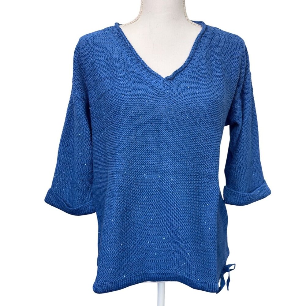DKNY Jeans Womens Sequin V-Neck Sweater XL Blue Light Soft Comfortable